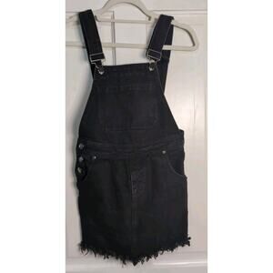 Boohoo Blue Denim Overall Mini Skirt Black Romper Women's 2 Raw Hem Y2K(894)